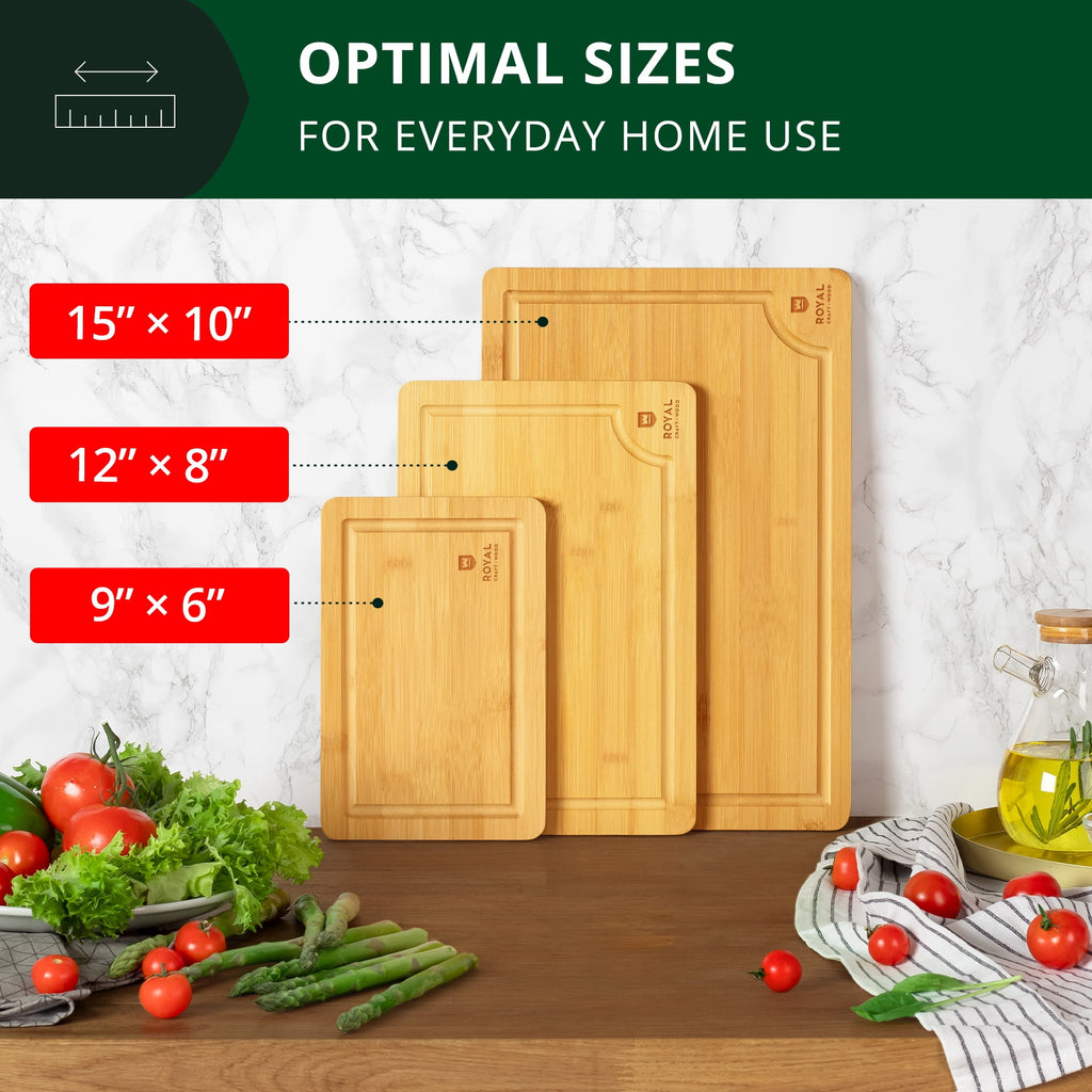 𝐋𝐮𝐱𝐮𝐫𝐲 Bamboo Cutting Board for Kitchen - Chopping Board w/Juice Groove & Easy Grip Handle - Organic Wooden Cutting Boards for Meat, Cheese, Fruits & Vegetables (Set of 3)